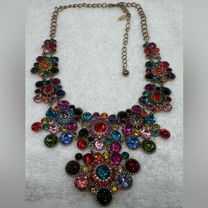 Natasha Signed Couture Colorful Gem Rhinestone Gold Tone Necklace